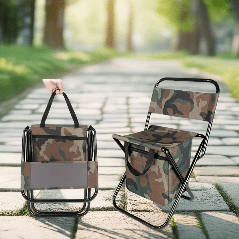 Portable Folding Chair with Built-in Cooler Bag - Camouflage Design, Sturdy Steel Frame, Ergonomic Handle & Backrest - Lightweight for Camping, Hunting, Beach, Fishing - Easy-Clean Material, Foldable Outdoor Seat, Camping Essentials, Durable Fabric