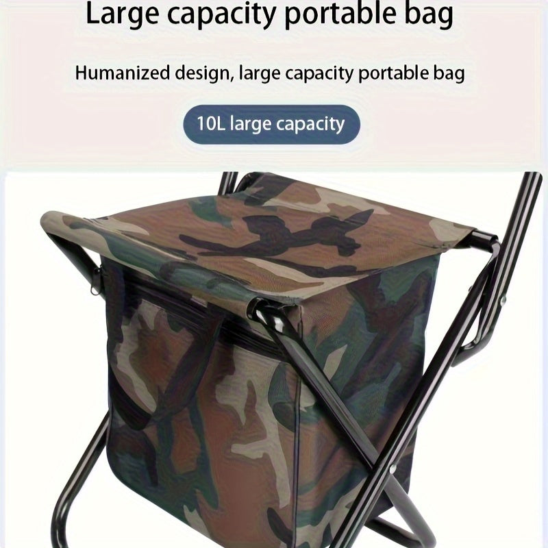 Portable Folding Chair with Built-in Cooler Bag - Camouflage Design, Sturdy Steel Frame, Ergonomic Handle & Backrest - Lightweight for Camping, Hunting, Beach, Fishing - Easy-Clean Material, Foldable Outdoor Seat, Camping Essentials, Durable Fabric