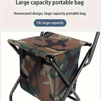 Portable Folding Chair with Built-in Cooler Bag - Camouflage Design, Sturdy Steel Frame, Ergonomic Handle & Backrest - Lightweight for Camping, Hunting, Beach, Fishing - Easy-Clean Material, Foldable Outdoor Seat, Camping Essentials, Durable Fabric